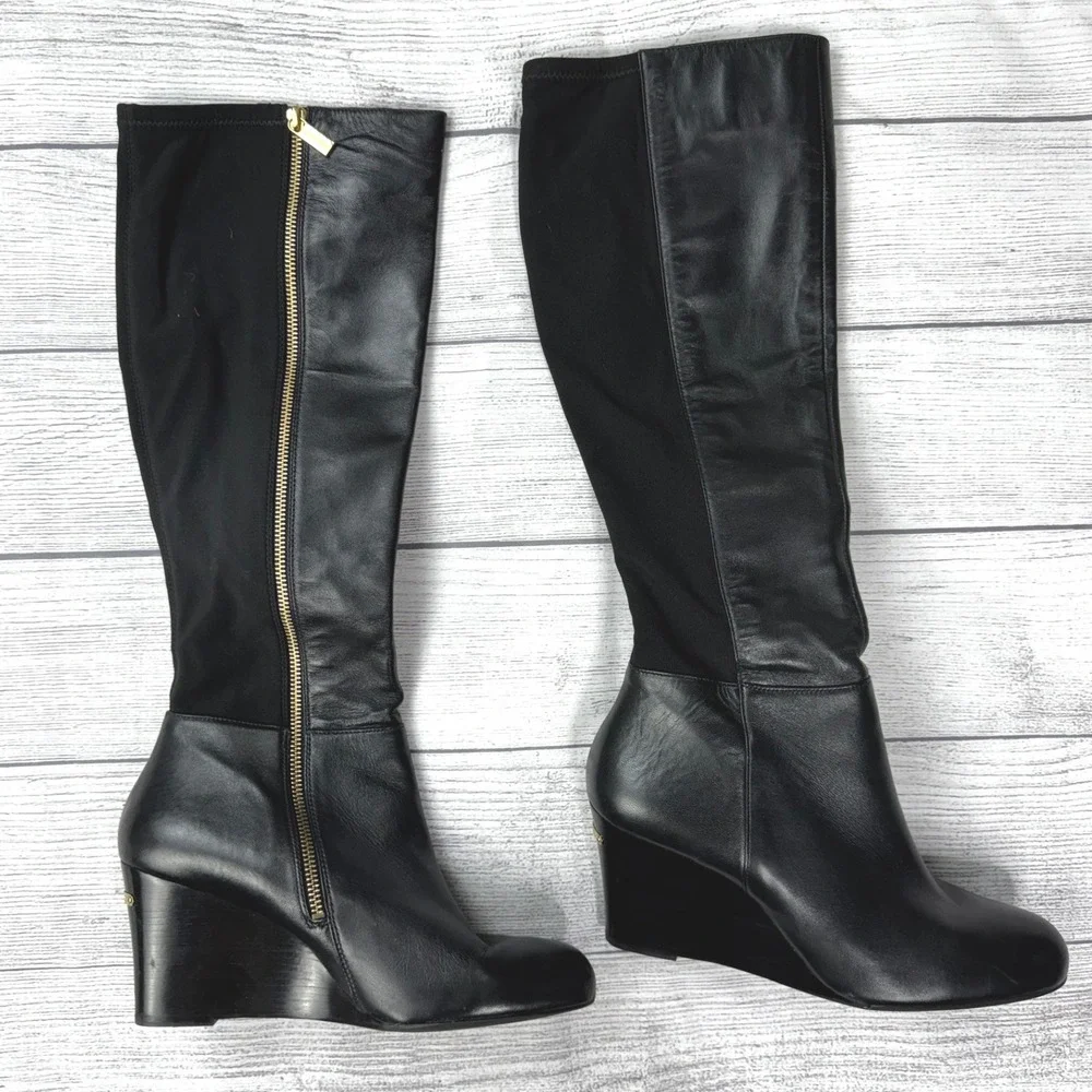 Michael Kors Arley Black Leather Stretch Back Wedge Tall Boots Gold Zip Size 9M